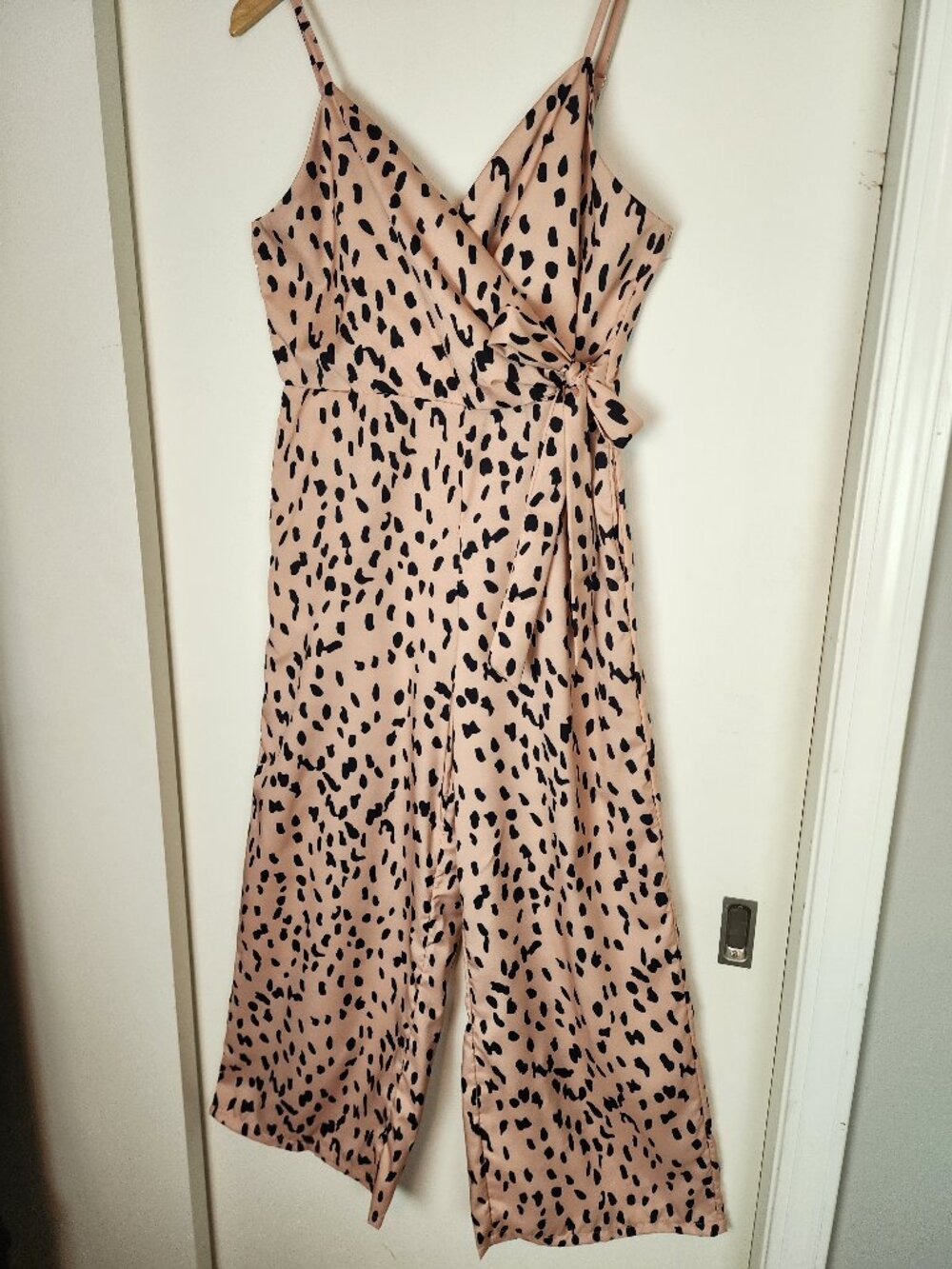 Leopard Print Wide Leg Faux Wrap Front Tie Spaghetti Strap Jumpsuit * M/L